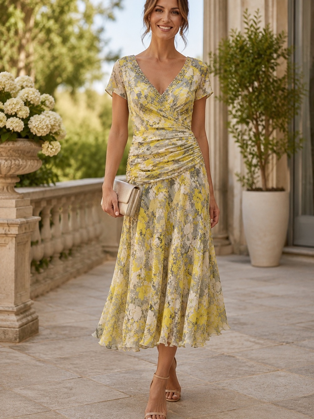 NWT Adrianna Papell Silk Floral Beaded Ruched Dress Yellow Gray 12